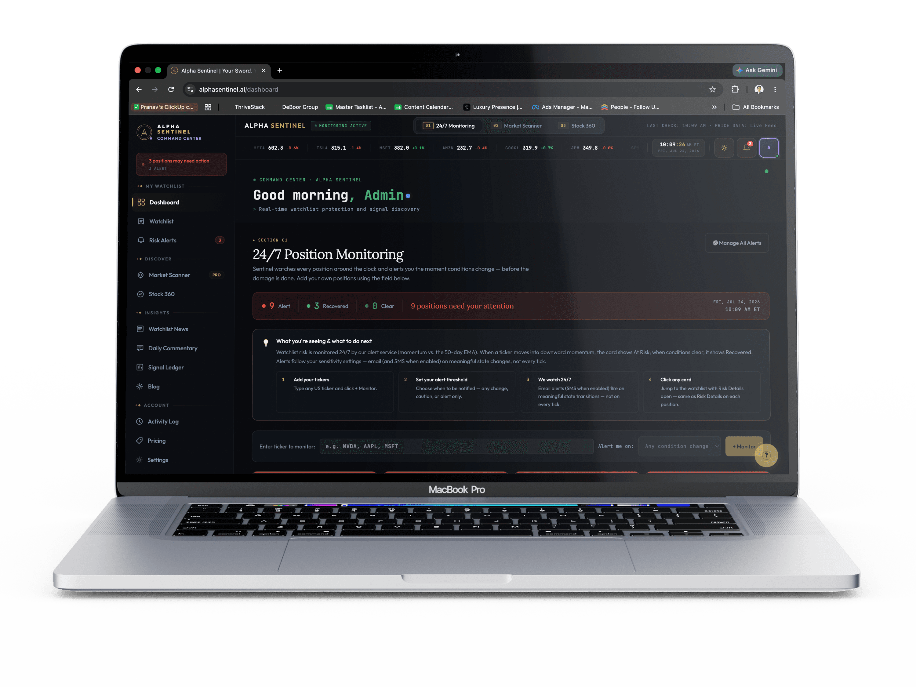Alpha Sentinel dashboard on laptop