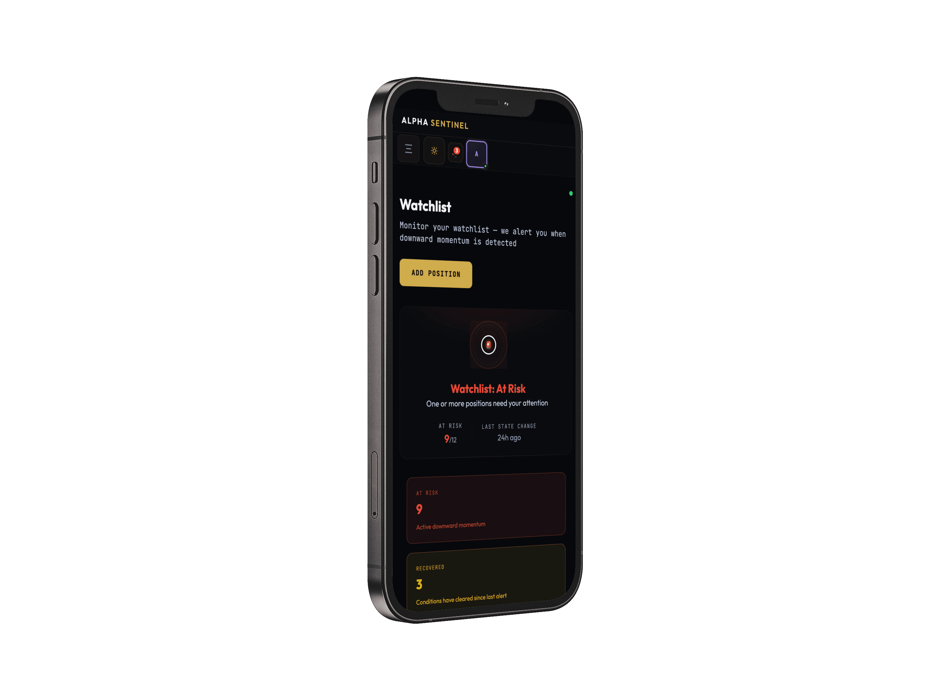 Alpha Sentinel dashboard on phone